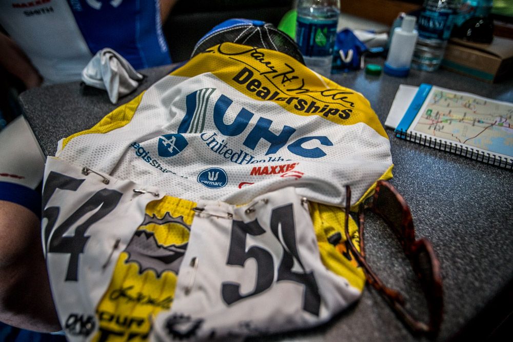 The yellow jersey waits for the day after having the numbers pinned on.