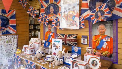 Coronation souvenirs on sale at a gift shop 