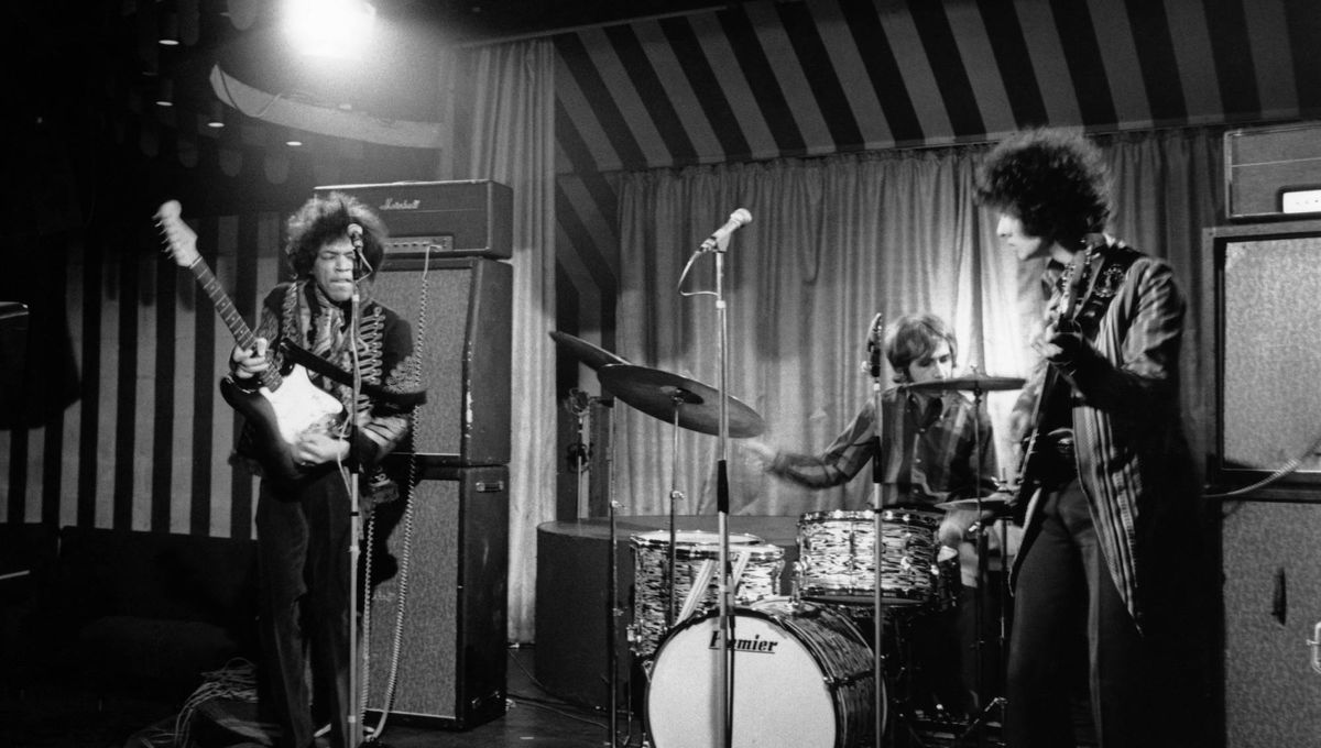 (from left) Jimi Hendrix, Mitch Mitchell, and Noel Redding perform live onstage – filming the German TV show &#039;Beat Club&#039;