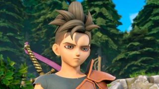 Dragon Quest 12 hero looking off camera with weary eyes