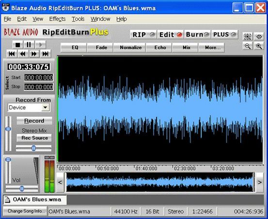 The Edit tab of RipEditBurn lets you apply a variety of filters and special effects to your newly recorded audio files.