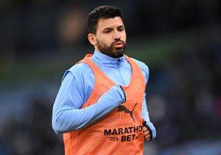 Manchester City's Sergio Aguero warming up during the Premier League match at the Etihad Stadium, Manchester