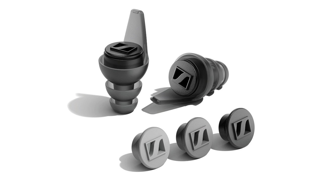 A pair of Sennheiser SoundProtex Plus eaplugs with three different filter options on a plain white background