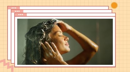 close-up image of woman washing hair on an orange template background