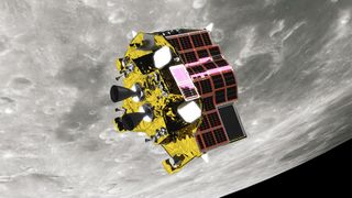 An artist's illustration of Japan's Smart Lander for Investigating Moon (SLIM) moon lander launching in 2023.