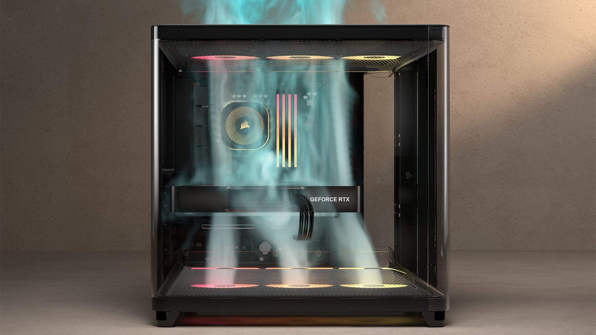 An airflow demo picture of the main chamber in Corsair&#039;s Air 5400 PC case