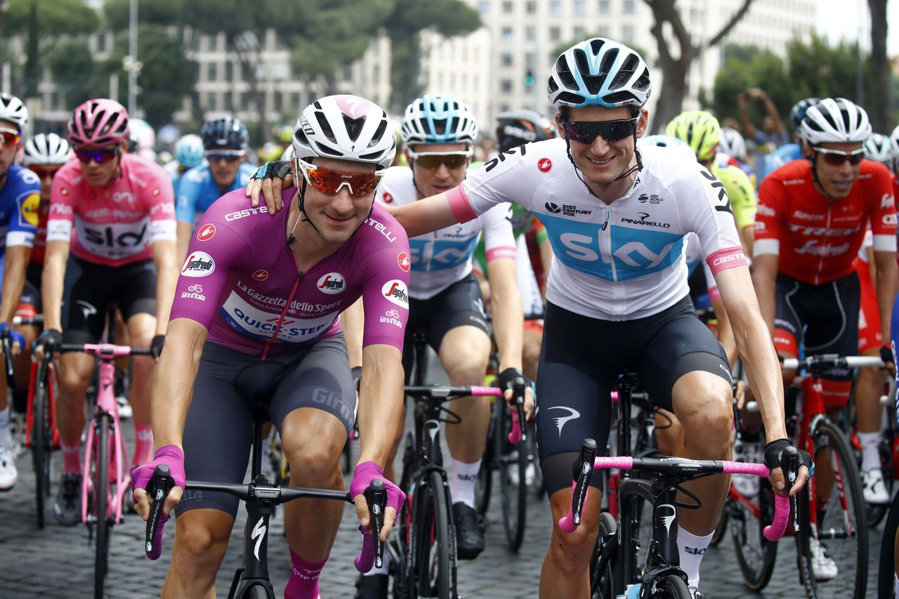 Elia Viviani in the maglia cicliamino and Wout Poels