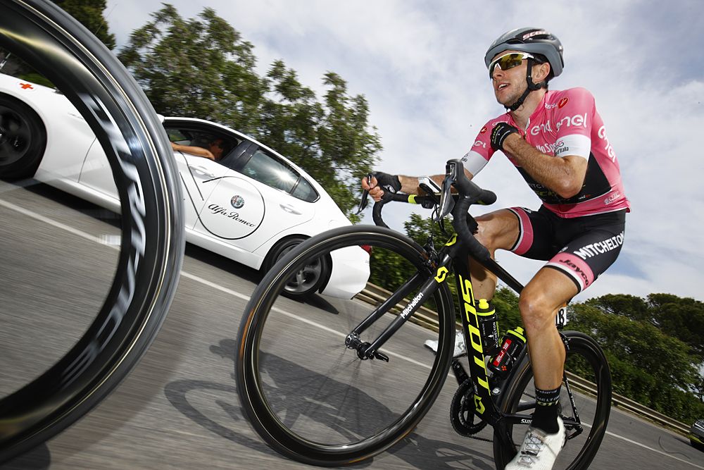 Simon Yates (Mitchelton-Scott) leads the Giro d'Italia, riding stage 12