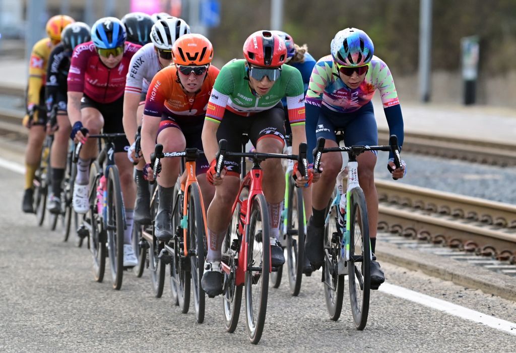 Italian Elisa Balsamo of TrekSegafredo Danish Amalie Dideriksen of UnoX Pro Cycling Team Belgian Julie De Wilde of FenixDeceuninck Maike Van Der Duin of CanyonSRAM French Clara Copponi of FDJSuez British Alice Barnes of Human Powered Health Austrian Christina Schweinberger of FenixDeceuninck British Pfeiffer Georgi of Team DSM Belgian Shari Bossuyt of CanyonSRAM and Dutch Lorena Wiebes of SD Worx pictured in action during the womens elite race of the Classic BruggeDe Panne oneday cycling race 1595 km from Brugge to De Panne Thursday 23 March 2023 BELGA PHOTO DIRK WAEM Photo by DIRK WAEM BELGA MAG Belga via AFP Photo by DIRK WAEMBELGA MAGAFP via Getty Images