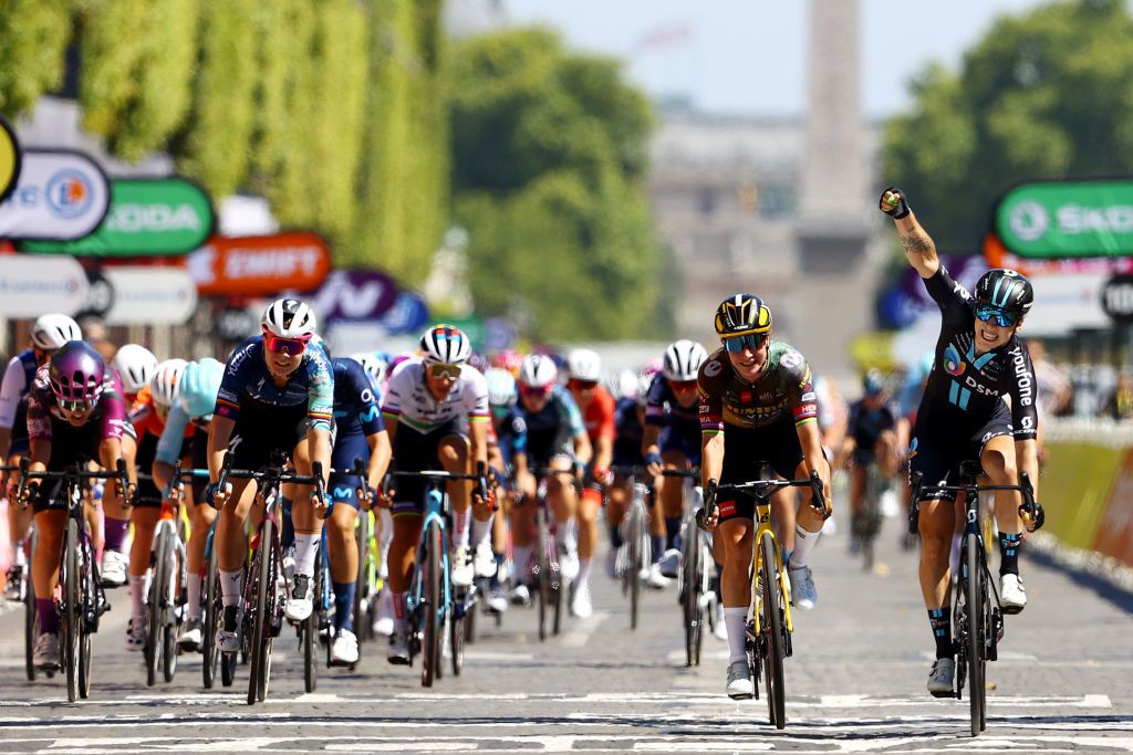 PARIS FRANCE JULY 24 Lorena Wiebes of Netherlands and Team DSM Women celebrates at finish line as stage winner ahead of Marianne Vos of Netherlands and Jumbo Visma Women Team Lotte Kopecky of Belgium and Team SD Worx and Rachele Barbieri of Italy and Team Liv Racing Xstra during the 1st Tour de France Femmes 2022 Stage 1 a 817km stage from Paris Tour Eiffel to Paris Champslyses TDFF UCIWWT on July 24 2022 in Paris France Photo by Michael SteeleGetty Images