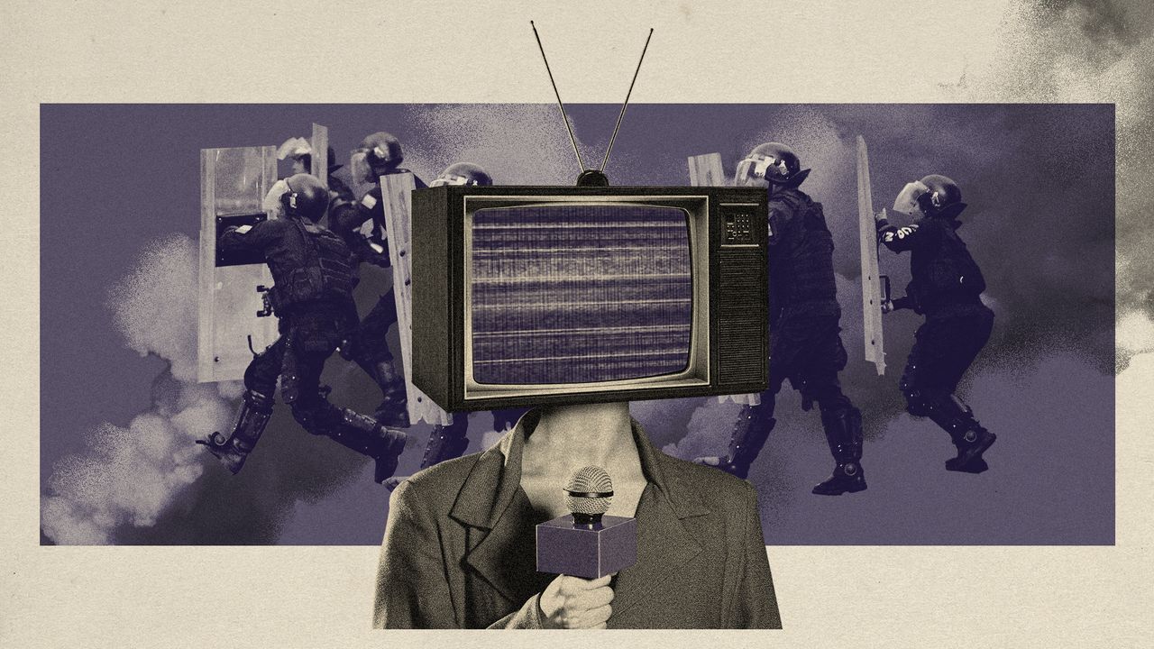 Photo collage of a newscaster with a vintage TV set for a head. Behind them, there&#039;s a photo of Venezuelan riot police running with shields through smoke