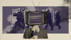 Photo collage of a newscaster with a vintage TV set for a head. Behind them, there's a photo of Venezuelan riot police running with shields through smoke