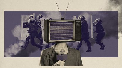 Photo collage of a newscaster with a vintage TV set for a head. Behind them, there's a photo of Venezuelan riot police running with shields through smoke