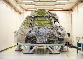 The crew module for NASA's Artemis 2 mission inside the Neil A. Armstrong Operations and Checkout Building at Kennedy Space Center in Florida on July 15, 2021.
