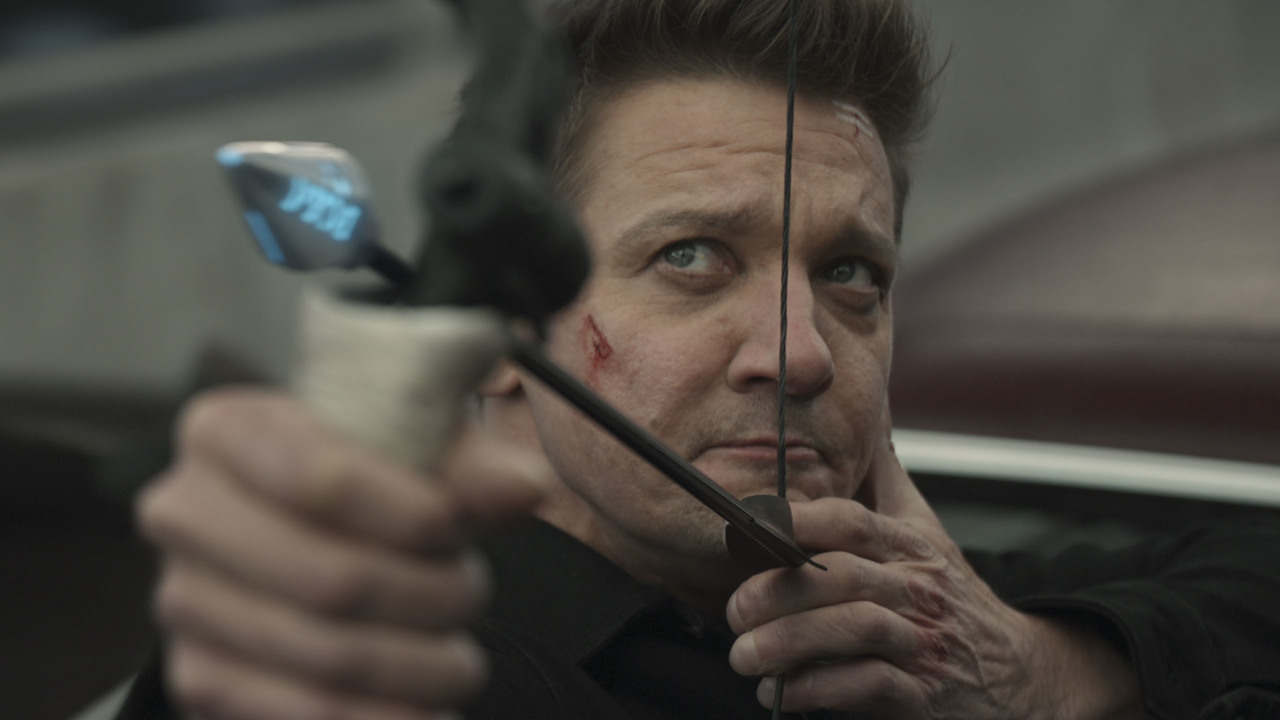 Clint Barton pulling back bow to shoot high-tech arrow in Hawkeye miniseries