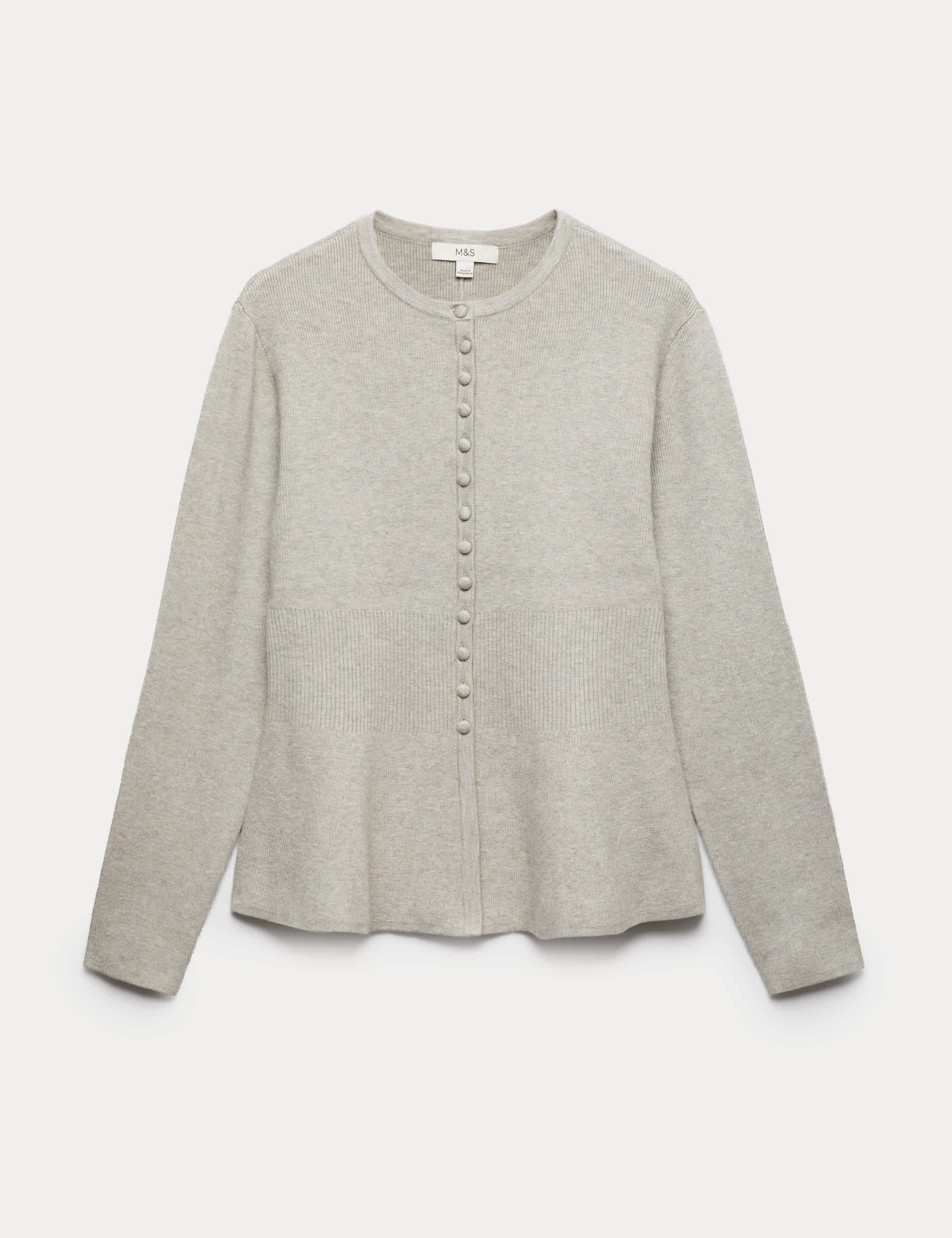 Soft Touch Crew Neck Peplum Fitted Cardigan