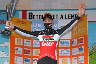 BESSGES FRANCE FEBRUARY 05 Podium Tim Wellens of Belgium and Team Lotto Soudal celebrates during the 51st toile de Bessges Tour du Gard 2021 Stage 3 a 1548km stage from Bessges to Bessges Trophy Mask Covid Safety Measures EDB2020 on February 05 2021 in Bessges France Photo by Luc ClaessenGetty Images