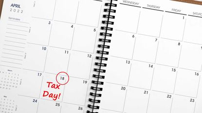 picture of April 2022 calendar with the 18th circled and marked with the words "tax day"