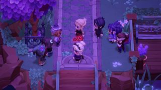Moonlight Peaks - A crowd of characters stands around a frustrated witch nera bridge