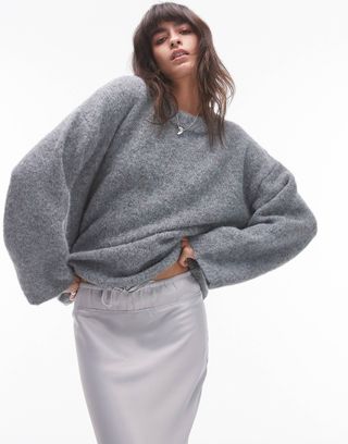 Topshop Knitted Boxy Fluffy Crew Jumper in Grey