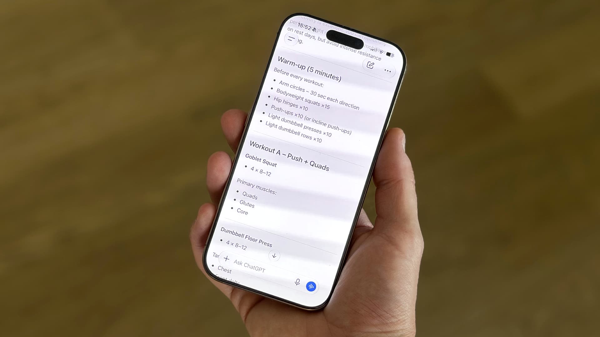 An iPhone showing a workout plan created by OpenAI's ChatGPT.