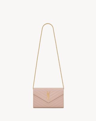 Women's Classic Cassandre Chain Wallet in Grain De Poudre Leather in Pale Pink