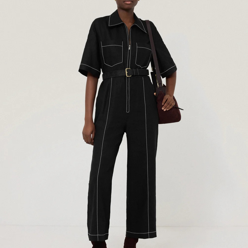 Jigsaw, Linen Contrast Stitch Jumpsuit | Black