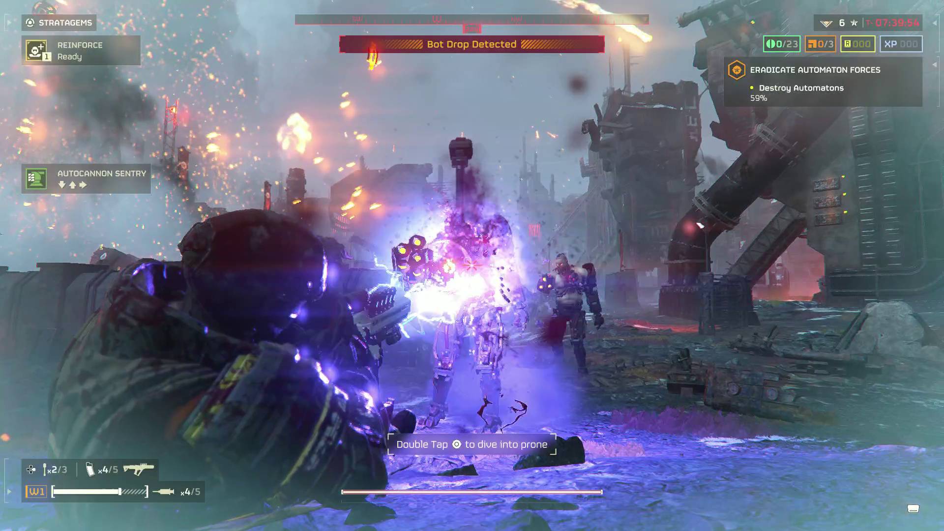 Helldivers 2 helldiver lying down shooting a cyborg radical with the Scorcher