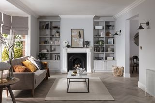 pale grey living room with fireplace, bookcases in alcoves, bay window with blinds, sofa, coffee table, rug