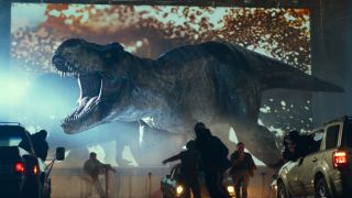 Roberta the T-Rex creates havoc at drive in in Jurassic World Dominion.
