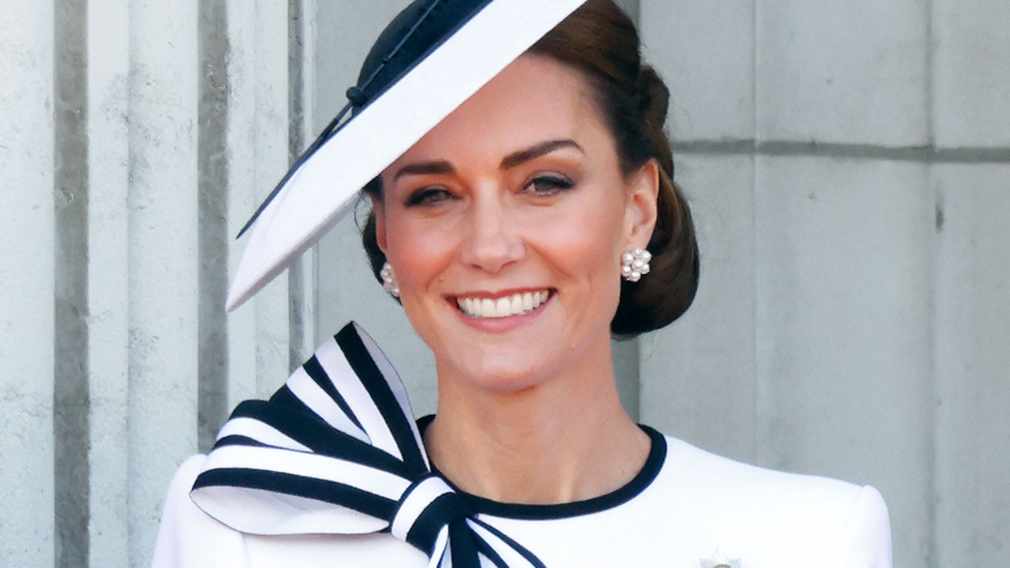 Catherine, Princess of Wales watches an RAF flypast from the balcony of Buckingham Palace after attending Trooping the Colour on June 15, 2024