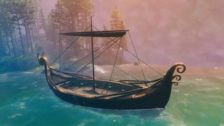 Valheim drakkar - the viking longboat is floating on the water near land with tall trees
