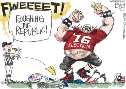 Political cartoon U.S. 2016 election Hillary Clinton Donald Trump national concussion