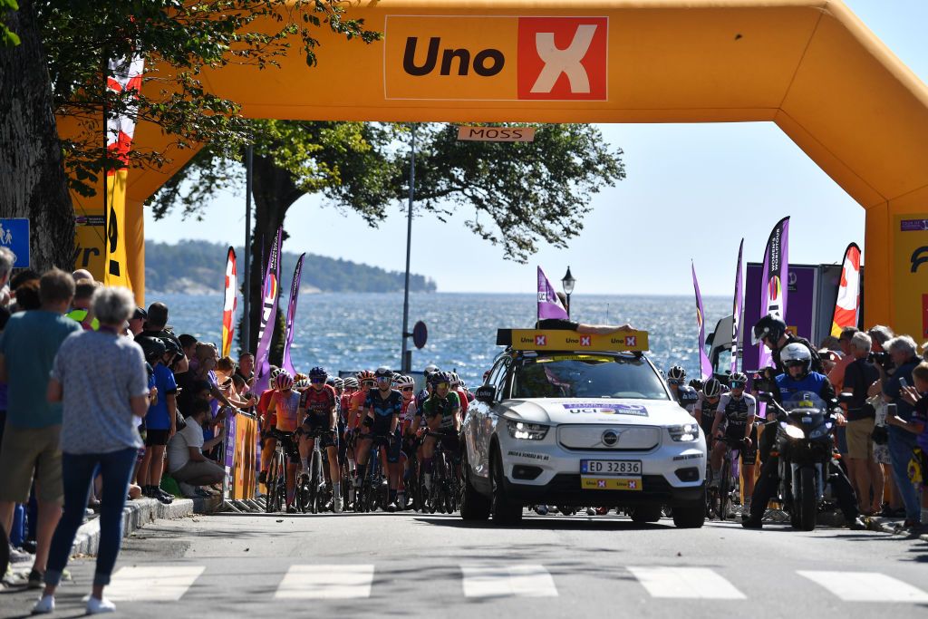 SARPSBORG NORWAY AUGUST 11 A general view of the peloton prior to the 8th Tour of Scandinavia 2022 Battle Of The North Stage 3 a 1189km stage from Moss to Sarpsborg UCIWWT tourofscandinavia TOSC22 on August 11 2022 in Sarpsborg Norway Photo by Luc ClaessenGetty Images