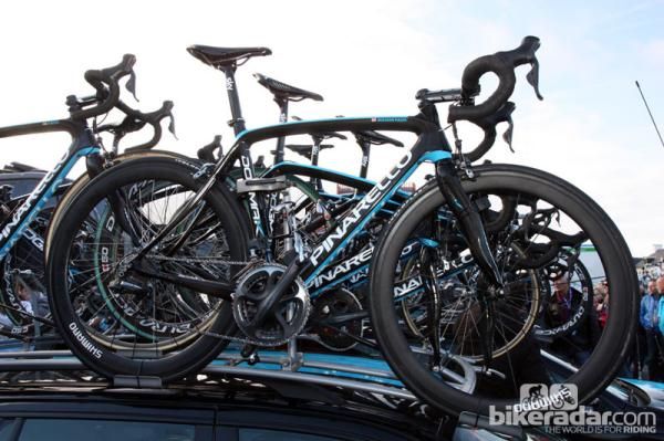 Edvald Boasson Hagen (Sky) had at least two spares for Ronde van Vlaanderen, including this Pinarello Dogma K fitted with brand-new Shimano wide-profile carbon tubulars.