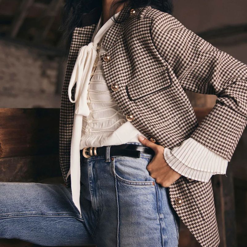 Brown Checked Military Jacket on model 