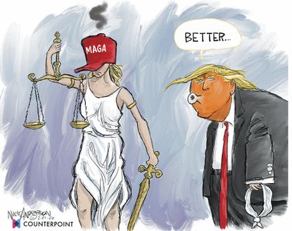 Political Cartoon U.S. MAGA hat blindfolded Lady Justice Trump