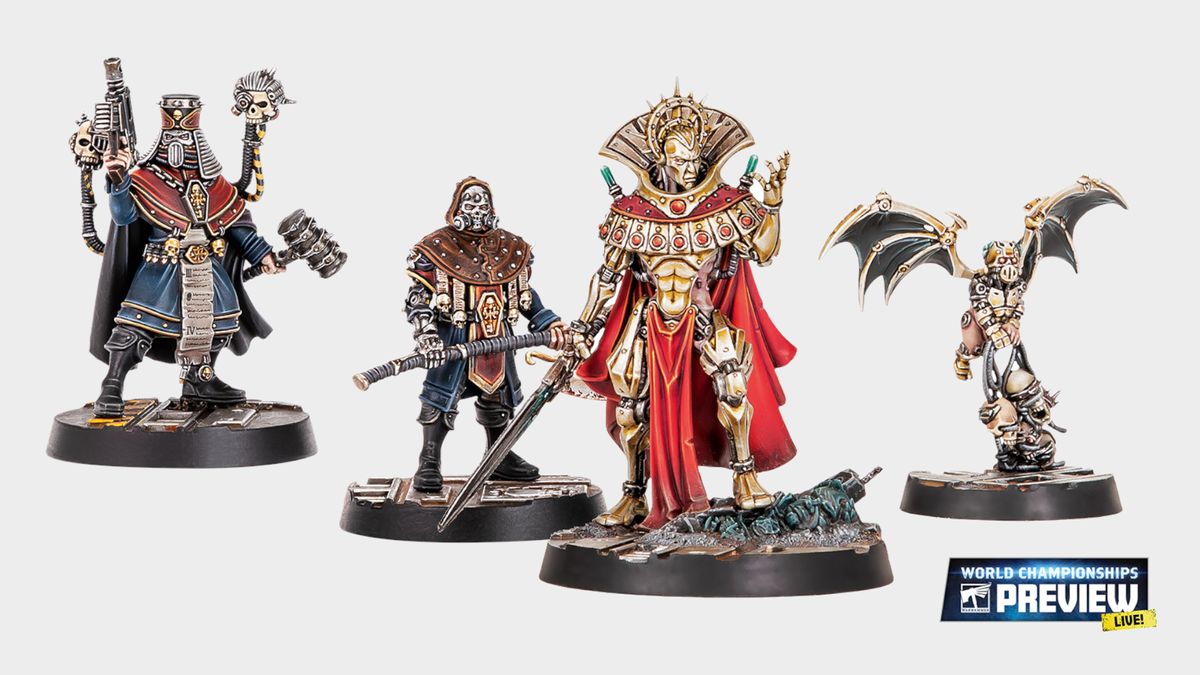 Necromunda Palanite Justicars (left) alongside Ozostium Aranthus the Divine Prince (right) on a plain background with a World Championships Preview logo