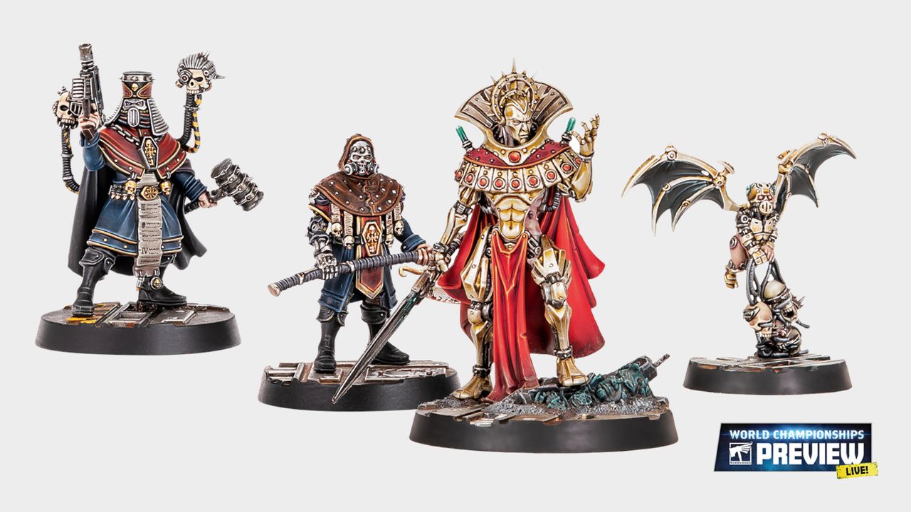 Necromunda Palanite Justicars (left) alongside Ozostium Aranthus the Divine Prince (right) on a plain background with a World Championships Preview logo