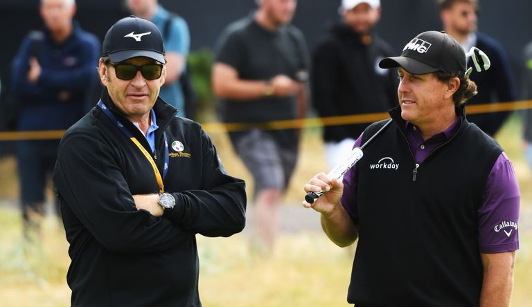 Nick Faldo and Phil Mickelson chat at The Open Championship