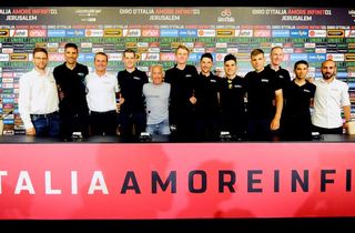 The Israel Cycling Academy 2018 Giro d'Italia riders and staff at the pre-race press conference