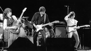 Eric Clapton, Jeff Beck and Jimmy Page perform onstage at the ARMS Charity Concert at the Royal Albert Concert Hall in September 1983 in London, England.