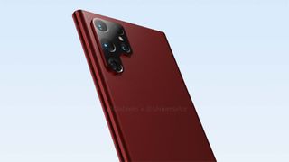 Fan render of the Samsung Galaxy S22 Ultra with P-shaped camera cutout. Phone is in dark red with light blue background.