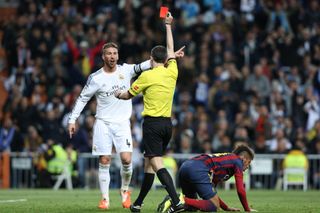 Sergio Ramos is sent off while playing for Real Madrid against Barcelona in 2014