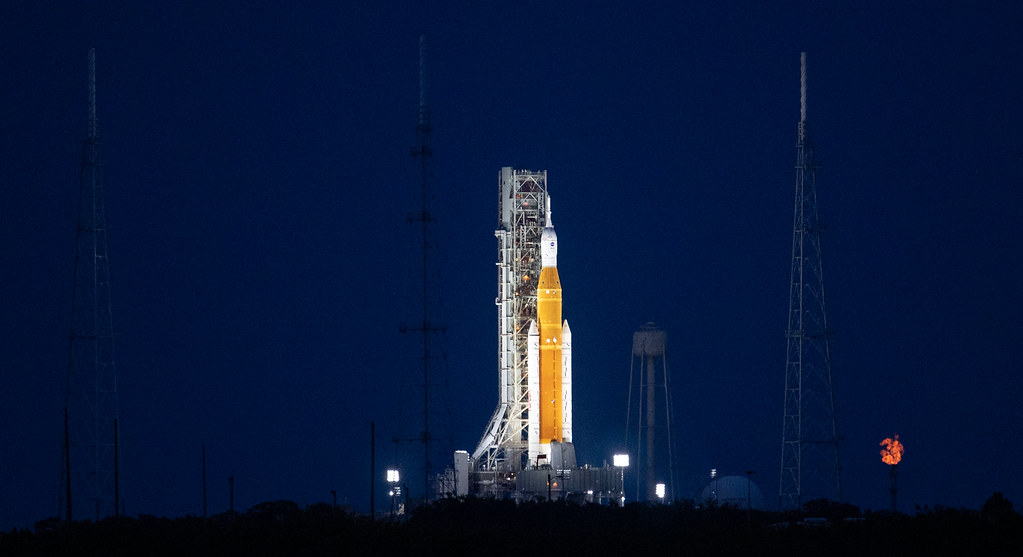 NASA’s Space Launch System (SLS) rocket with the Orion spacecraft aboard is seen atop the mobile launcher at Launch Pad 39B, Tuesday, Nov. 15, 2022.