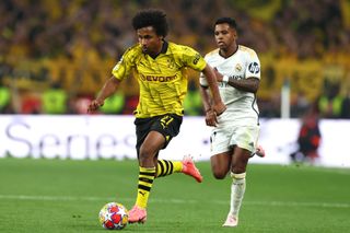 Chelsea target Karim Adeyemi of Borussia Dortmund competes with Rodrygo of Real Madrid during the UEFA Champions League 2023/24 Final match between Borussia Dortmund and Real Madrid CF at Wembley Stadium on June 01, 2024 in London, England.(Photo by Chris Brunskill/Fantasista/Getty Images)