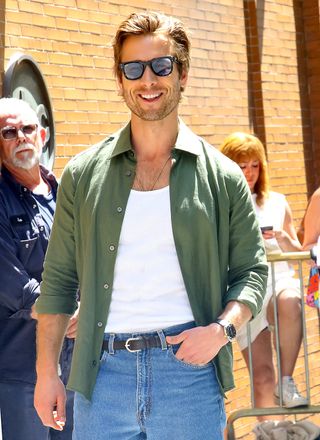 Glen Powell is seen arriving at 'The View' Talk Show on July 18, 2024 in New York City.