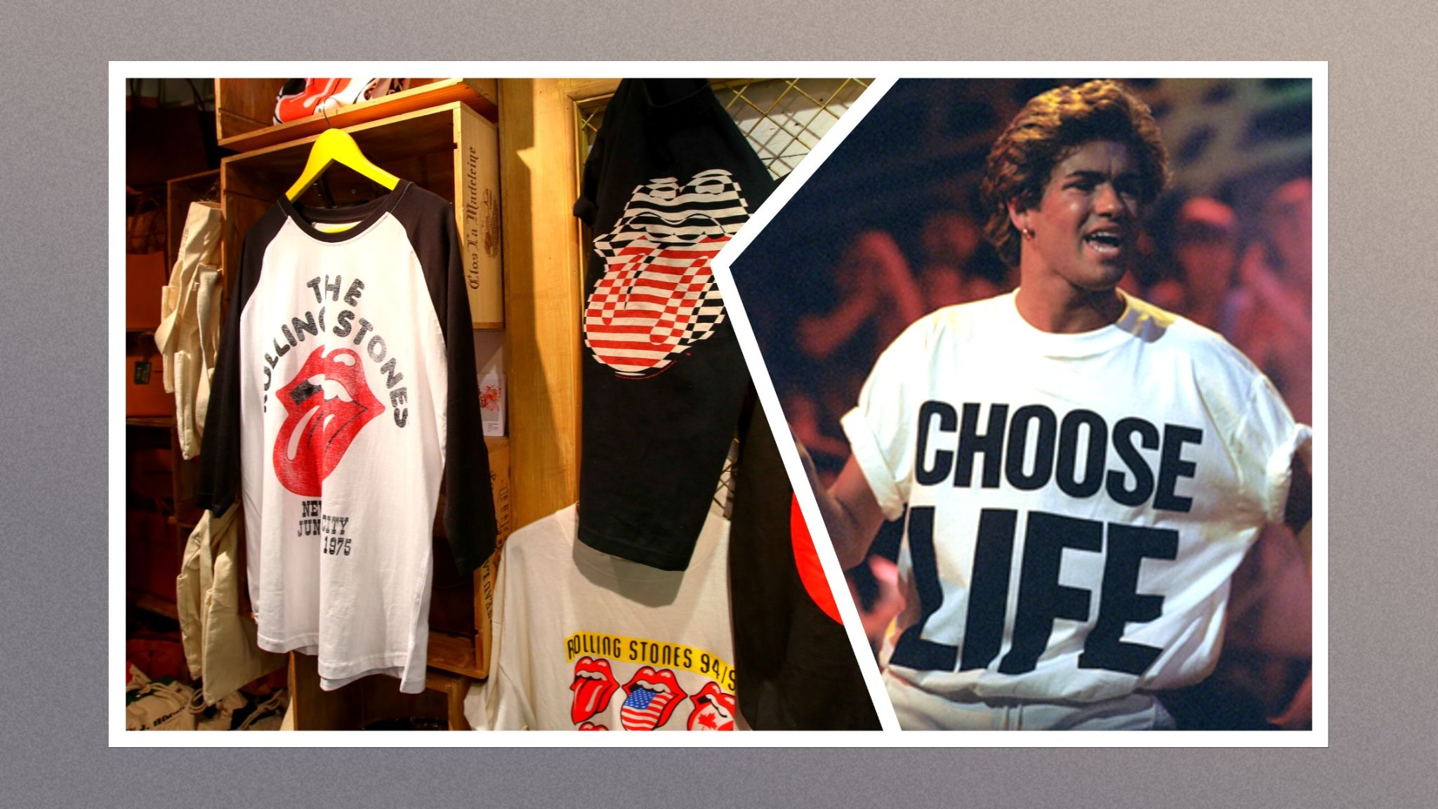 A selection of Rolling Stones t-shirts next to a picture of George Michael