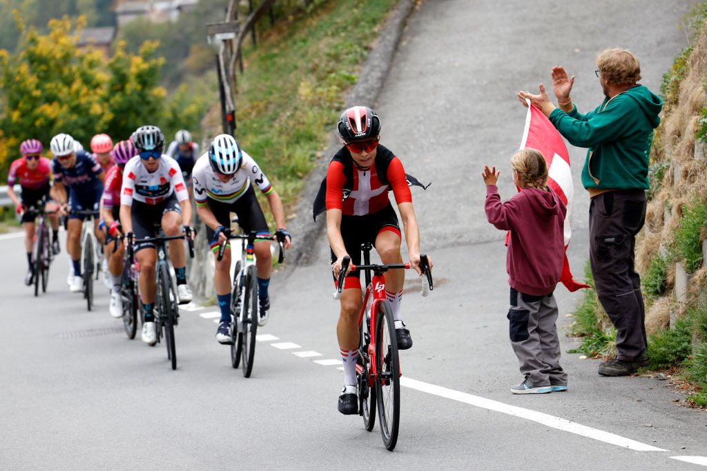 THYON SWITZERLAND OCTOBER 08 Cecilie Uttrup Ludwig of Denmark and Team FDJ Suez Futuroscope competes in the breakaway during the 1st Tour de Romandie Feminin 2022 Stage 2 a 1045km stage from Sion to Thyon 2089m TDRwomen TDRF on October 08 2022 in Thyon Switzerland Photo by Bas CzerwinskiGetty Images