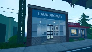 Schedule 1 money laundering - The outside of the laundromat, next to the barbershop.